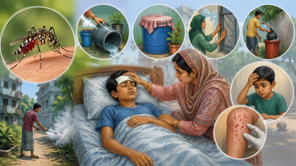 শিশুর ডেঙ্গু হলে করণীয়—ডেঙ্গু জ্বরের লক্ষণ ও যত্ন বোঝানো একটি চিত্র
