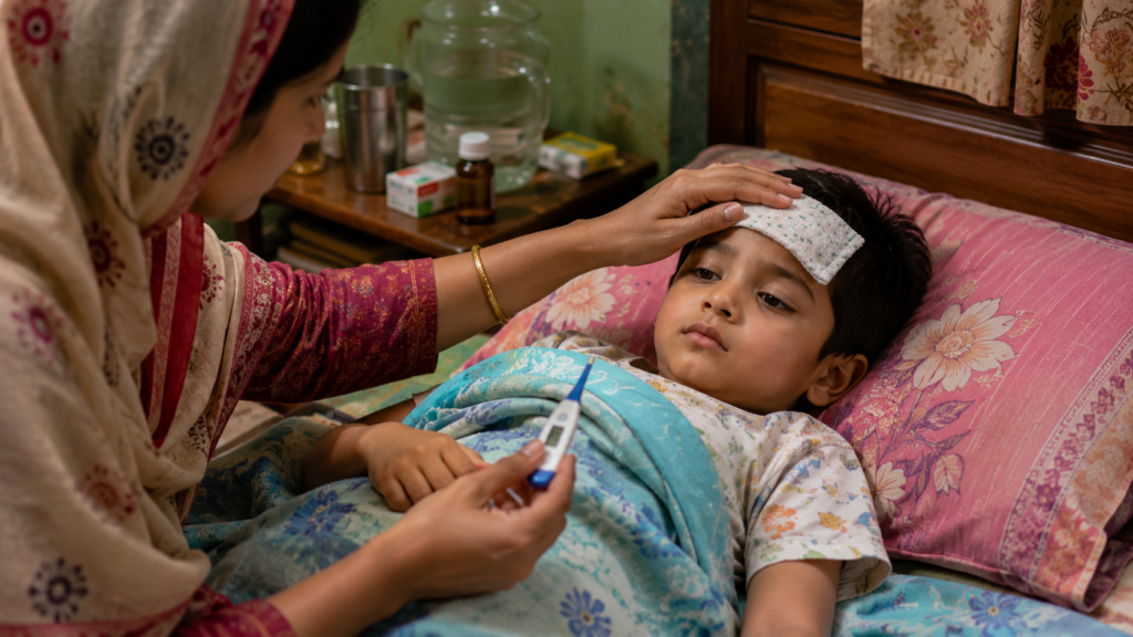 মা শিশুর কপালে হাত দিয়ে জ্বর পরীক্ষা করছেন এবং থার্মোমিটার দিয়ে শিশুর জ্বর মাপছেন